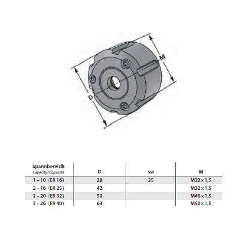 Clamping Nuts DIN 6499 (ISO 15488) ER-System, with Spray Nozzles, for Sealing Discs Dimensions